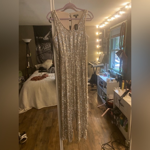 Express Gold Sequin Jumpsuit - Picture 2 of 5